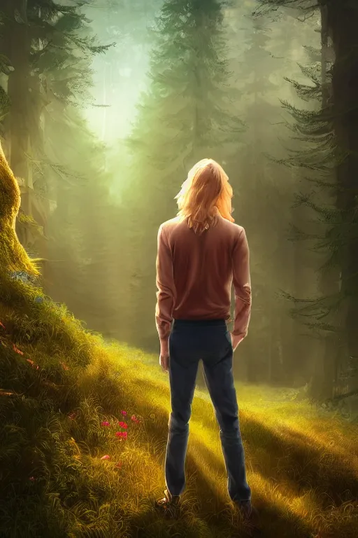 Image similar to pretty young man with long golden blond hair, hair made of gold, demure, slender, back view, lost, trees, detailed forest background, webtoon, breathtaking scenery, colourful, 8 k, graphic novel, digital art trending on artstation, volumetric lighting, octane render, cinematic, hyper detailed, magical atmosphere, magical forest