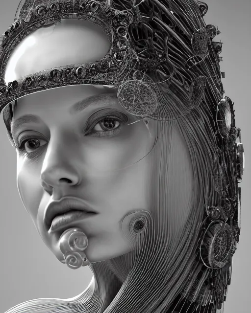 Image similar to mythical dreamy black and white organic bio-mechanical spinal ribbed profile face portrait detail of translucent steampunk beautiful female angelic-human-queen-vegetal-cyborg, highly detailed, intricate crystal jelly ornate, poetic, 3D render, digital art, octane render, 8K artistic photography, photo-realistic, by Dora Maar