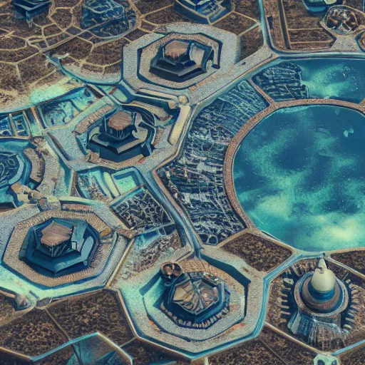 Prompt: Hexagon shaped steampunk city in the middle of a crater lake, high detail, artstation