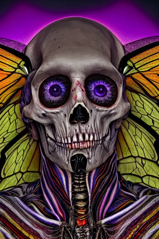 Image similar to a portrait of a skelton with moth wings, highly detailed, digital photo, hdri, by christopher bretz and john carpenter, vivid colors, high contrast, 8 k resolution, intricate, photorealistic, smooth, psychedelic color scheme, concept art, award winning, cg society contest winner