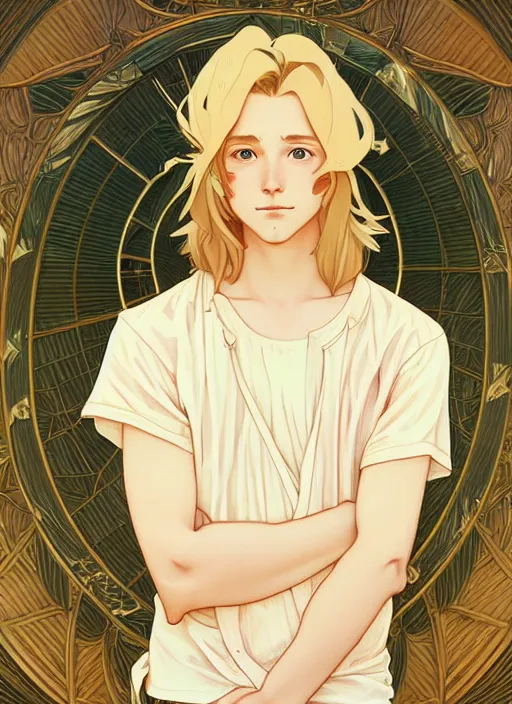 Prompt: pretty young man with shoulder length shiny shimmering golden blond hair, path traced, highly detailed, high quality, digital painting, by studio ghibli and alphonse mucha, leesha hannigan, hidari, disney