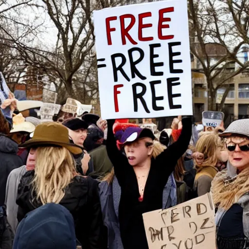 Image similar to protesters holding a sign that says free hat