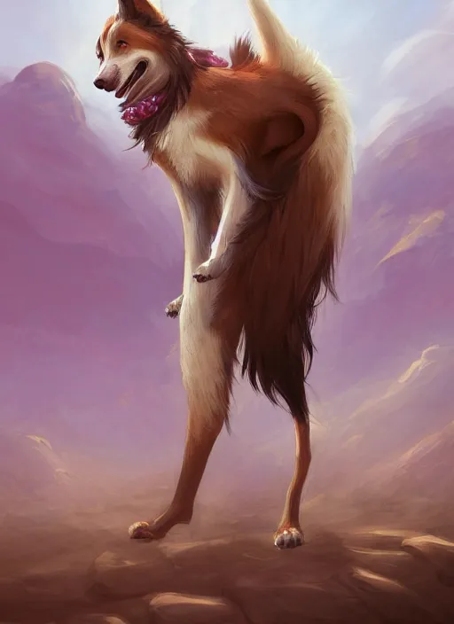 Image similar to beautiful wide angle full body portrait of a cute male anthropomorphic anthro border collie fursona in a desert, character design by charlie bowater, henry asencio, and ross tran, scenic background, detailed, glamor pose, aesthetic, furry, trending on artstation, furaffinity, deviantart