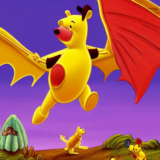 Image similar to Winnie the Pooh riding a flying parakeet dragon, the wings are made of pizza, budgie bird, high resolution photo