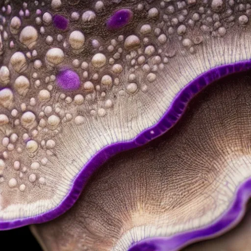 Prompt: a mushroom's gills from the bottom that is purple and grey with intricate microscopic view of patterns ; maximum realism ; maximum detailed close - up ; dramatic lighting