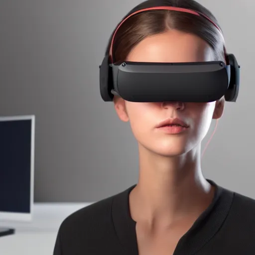 Prompt: young female wearing oculus quest 2, highly detailed digital painting hyperrealism ray tracing cinematic