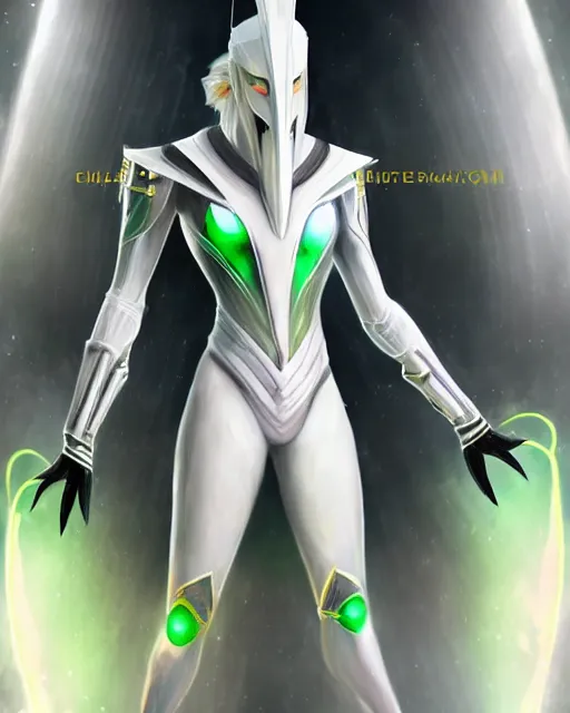 Image similar to perfect white haired egyptian bale god, warframe armor, beautiful, symmetric, dreamy, half african,, green eyes, charlize theron, detailed, scifi platform, laboratory, experiment, 4 k, ultra realistic, epic lighting, android body, illuminated, cinematic, masterpiece, art by akihito tsukushi, voidstar