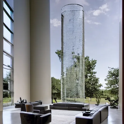 Prompt: giant Italian modern castle living room, clean minimalist design, that is 1300 feet tall, with very tall giant walks, giant modern stainless steel sculpture by John Chamberlain, photo by Annie Leibovitz