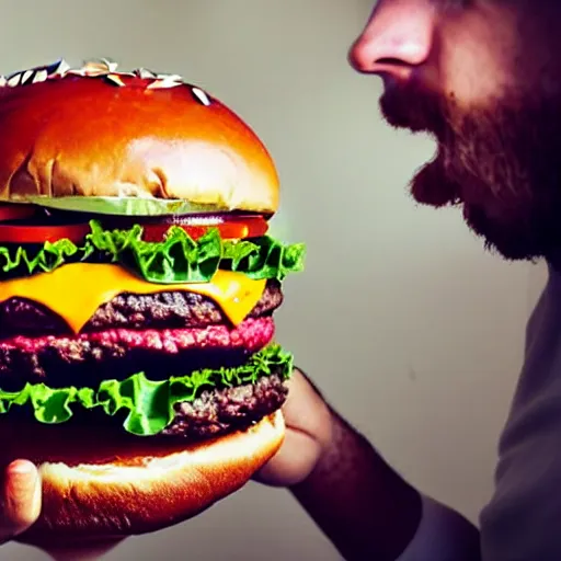 Image similar to a human living in a hamburger, the human is inside the burger cooking burgers