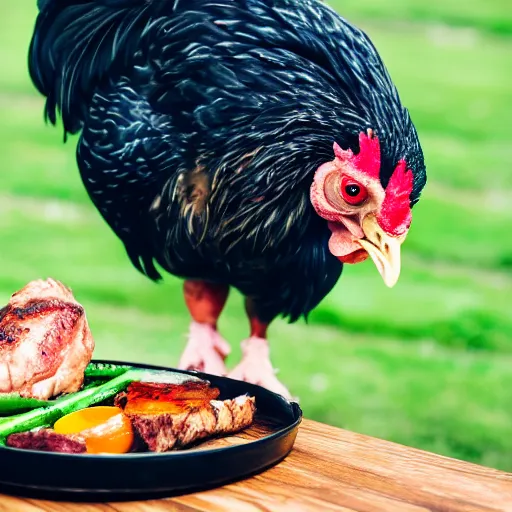 Image similar to photo of a chicken eating a steak, 50mm, beautiful photo