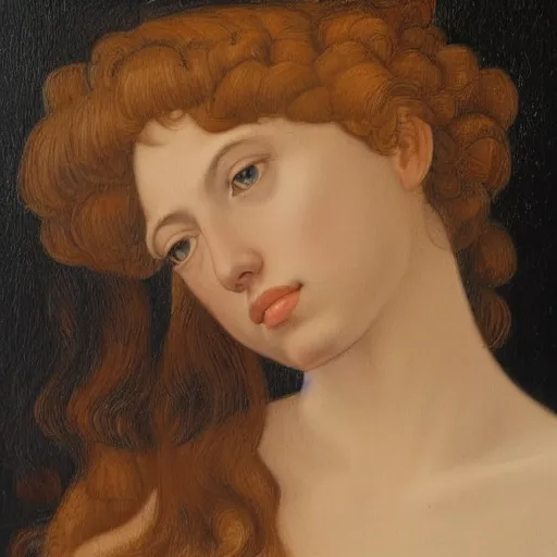 Image similar to a detailed profile portrait oil painting of a very young italian woman resembling scarlett johansson and ana de armas, in the style of boticelli's young woman in mythological guise, by boticelli and davinci