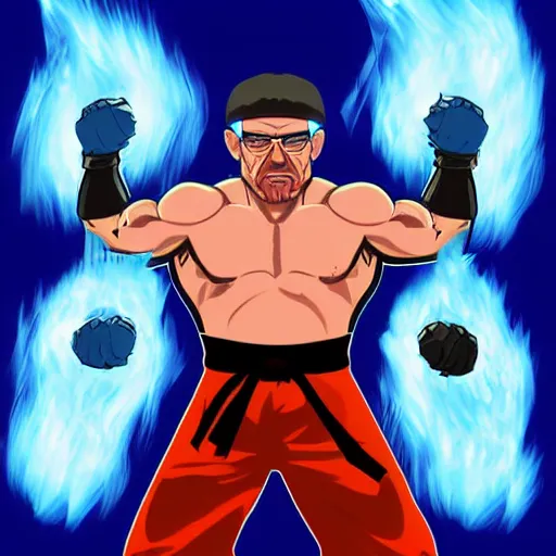 Prompt: buff Walter White Hadoken a ball of blue fire, accurate anatomy, accurate hands, highly detailed, digital art,