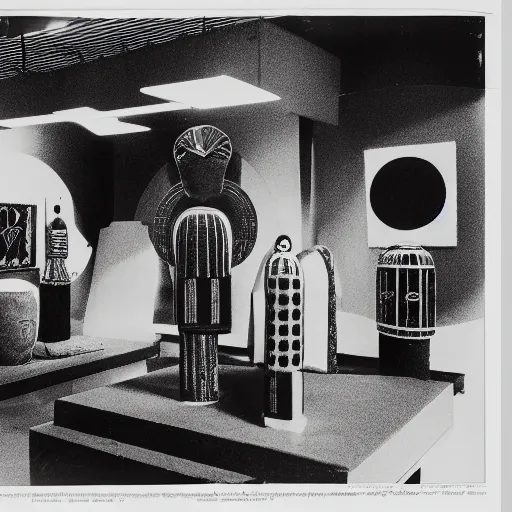 Prompt: a _ black _ and _ white _ photography _ of _ an _ exhibition _ space _ with _ objects _ of _ sun _ ra _ indigenous _ artifacts _ and _ marcel _ duchamp _ 6 0 s _ offset _ lithography _ print _ newspaper _