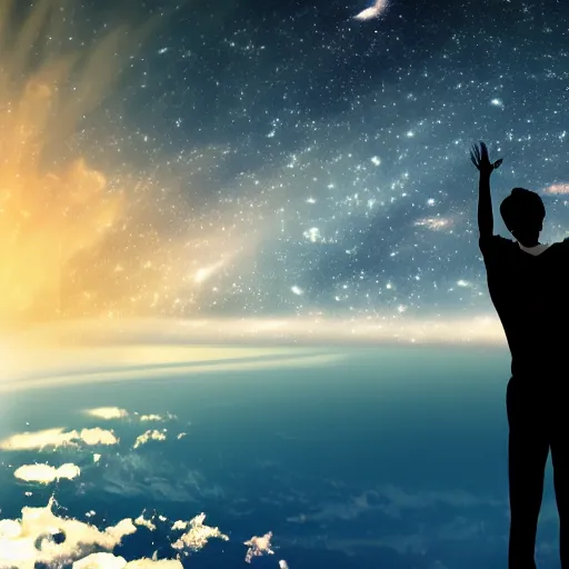 Prompt: 4K ultra HD detailed award-winning wallpaper of silhouette of man reaching his hand towards huge vast sky Earth universe