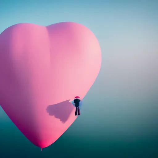 Image similar to a 5 0 mm lens photograph of a cute pink floating modern house, floating in the air between clouds, inspired by the movie up, held up from above by a heart - shaped ballon. mist, playful composition canon, nikon, award winning, photo of the year