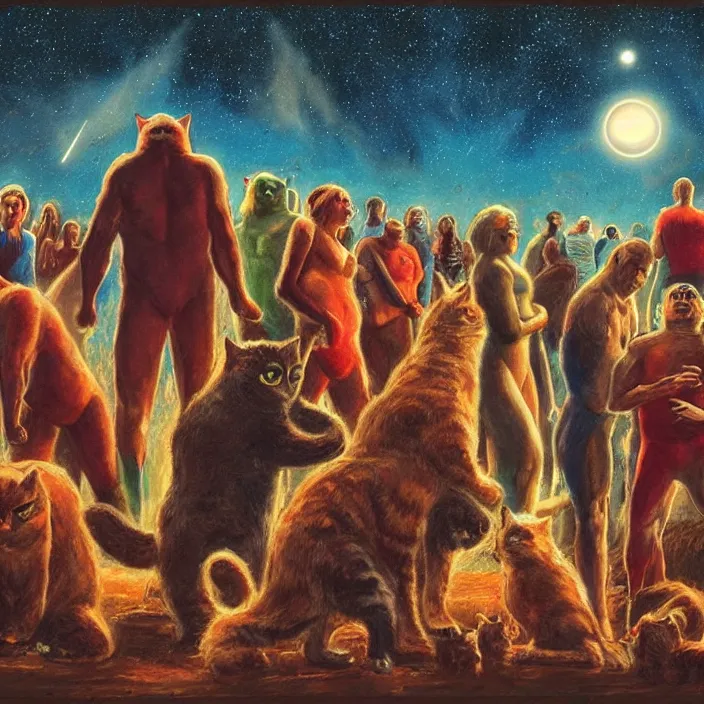 Image similar to cinematic humans praying to a giant cat god while there is a meteor shower that threatens to extinguish the world,, hd, hdr, 4 k, 8 k, art by basil gogos