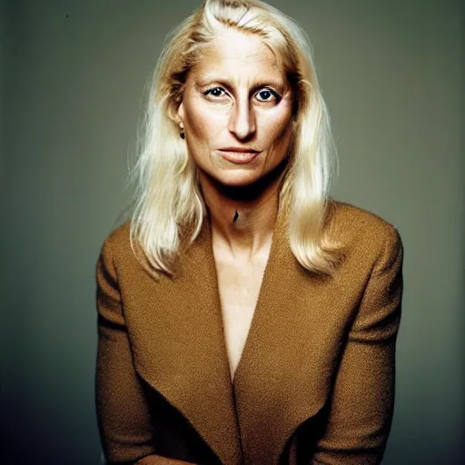 Image similar to portrait photograph by annie leibovitz of olive skinned blonde female in her thirties wearing designer clothes