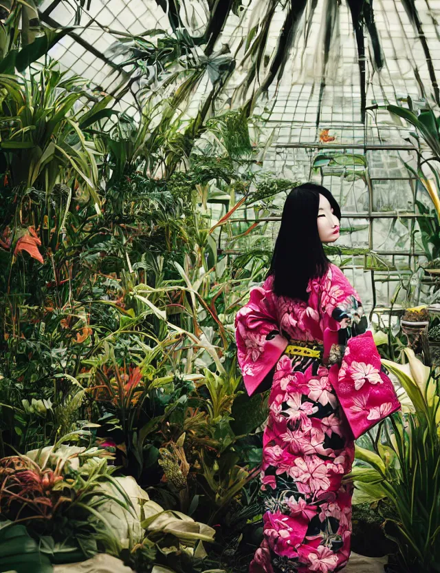 Image similar to fashion photograph of a beautiful Japanese woman wearing a traditional kimono in a tropical orchids greenhouse, by Annie Leibowitz, by Alessio Albi, extremely detailed, large format camera, Fuji Provia film, 85mm lens, bokeh, bokeh, blurred background, photorealistic, trending on instagram, trending on artstation