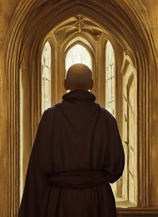 Image similar to oil painting of a medieval dominican monk in robes, looking out of a monastery window contemplatively, a majestic cathedral in the background, digital art, artstation, cinematic, golden hour, digital art painting by greg rutkowski