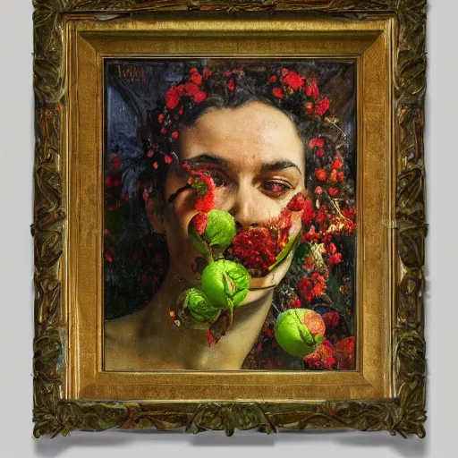 Image similar to a sculpture portrait made of kiwi and strawberries and flowers and plants, painting part by wojciech siudmak, part by ilya repin, part by max ernst, part by norman rockwell, artstation