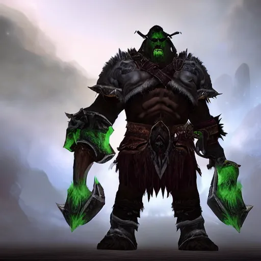 Image similar to epic world of warcraft orc warrior chief thrall standing in front of a gigantic throne made of dark ice with a dark sky above made of a dark hurricane spiral, extremely detailed, wow, cinematic