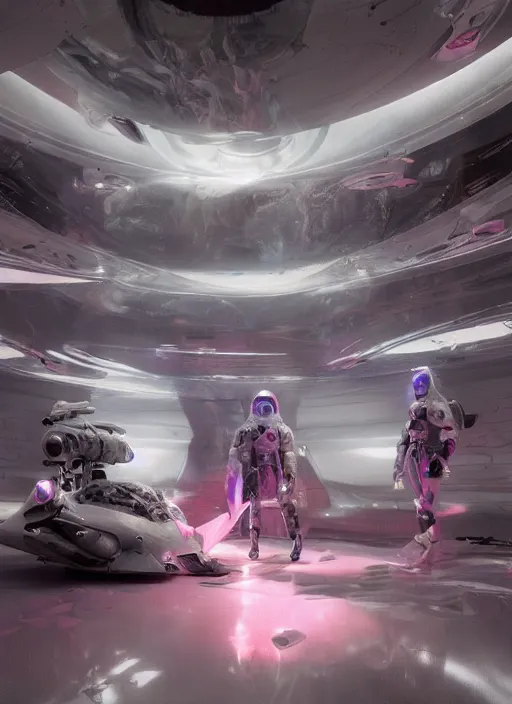 Image similar to concept art by craig mullins infrared complex and hyperdetailed technical pink astronauts floating in futuristic dark and empty spaceship underwater. reflection and dispersion materials. rays and dispersion of light. volumetric light. 5 0 mm, f / 3 2. noise film photo. flash photography. unreal engine 4, octane render. interstellar movie art