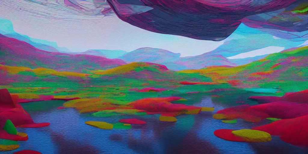 Image similar to abstract 3d landscape painting with a river at noon by james jean and David Schnell painted in no mans sky style, redshift, octane