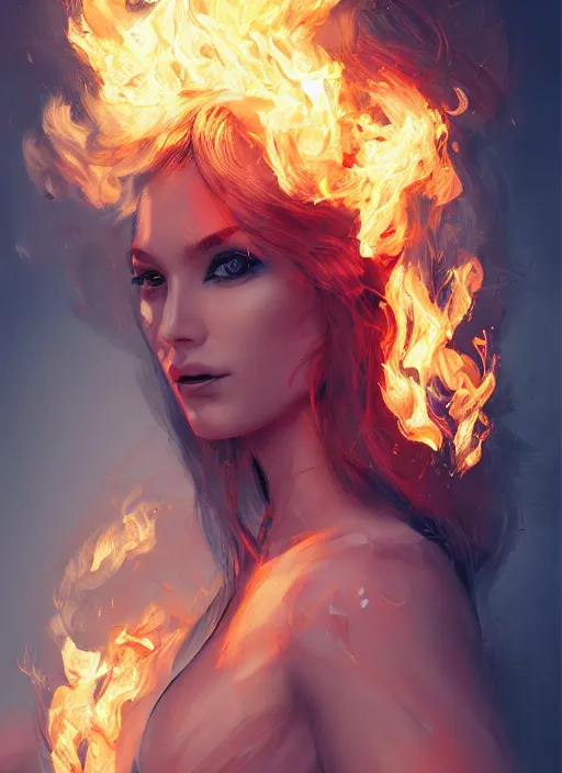 Image similar to fashion portrait with fire, female, future, torch, flame, harper's bazaar, vogue, fashion magazine, intricate, concept art, close up, ornate, luxury, elite, elegant, trending on artstation, by ruan jia, by Kenneth Willardt, by ross tran, by WLOP, by Andrei Riabovitchev,