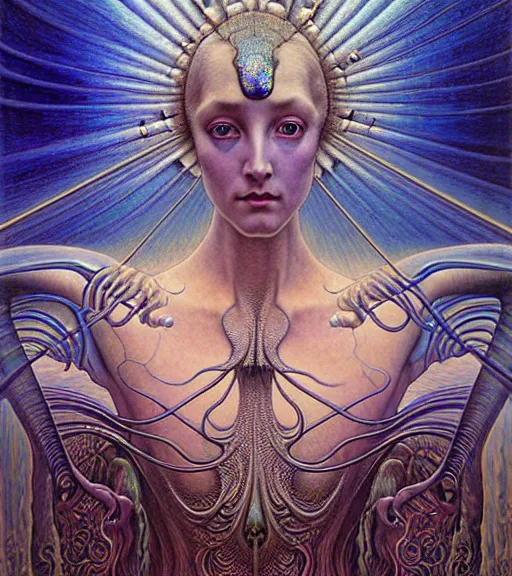 Image similar to detailed realistic iridescent beautiful young cher cyber alien fractal queen of mars portrait by jean delville, gustave dore and marco mazzoni, art nouveau, symbolist, visionary, baroque. horizontal symmetry by zdzisław beksinski, iris van herpen, raymond swanland and alphonse mucha. highly detailed, hyper - real, beautiful