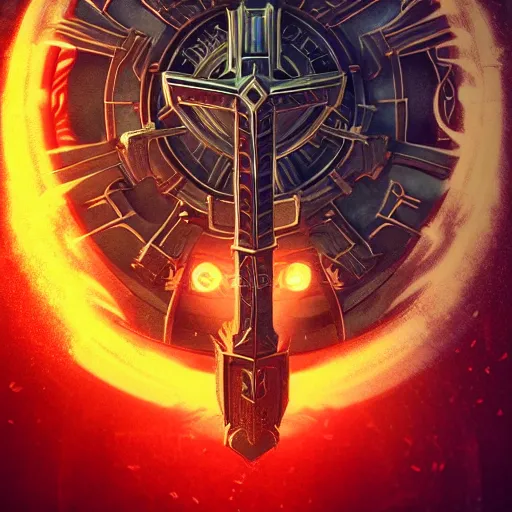 Image similar to full shot of a symmetrical game sigil of giant medieval weapons crossed, red powerful fantasy epic legends, game icon stylized, digital illustration radiating, a glowing aura, global illumination, ray tracing, 8 k high definition, intricate details, octane render, unreal engine, trending on arstation