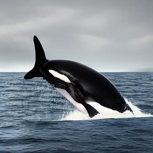 Image similar to killer whales killing white shark, realistic, 4k, octane render