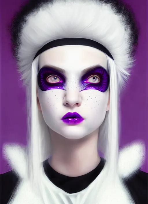 Image similar to whitebangs, black hair, black cyberlox, portrait of white teenage girl, normal face, white bangs, fluffy bangs, cyberlox, whitebangs, red contact lenses, purple lipstick, intricate, elegant, highly detailed, digital painting, artstation, concept art, sharp focus, smooth, illustration, art by wlop, mars ravelo and greg rutkowski