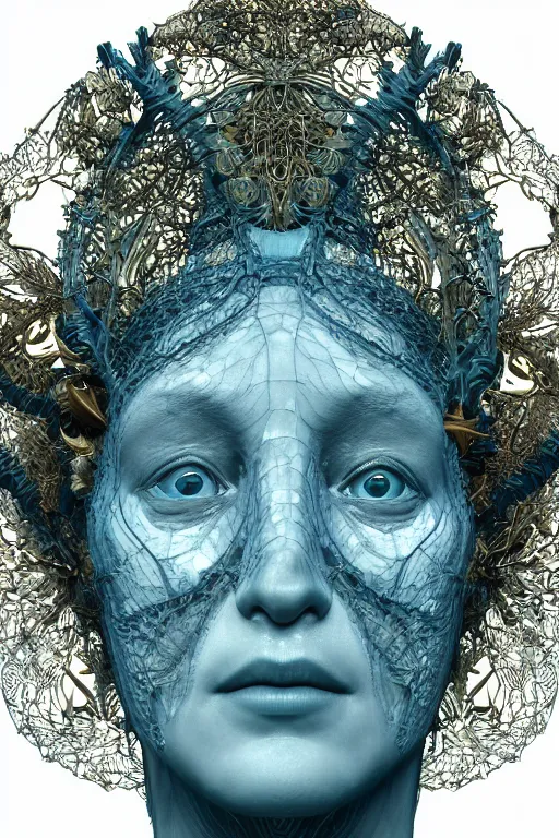 Prompt: cinema 4d render, ultra detailed of a beautiful porcelain old woman face, cracked. biomechanical cyborg, analog, 150 mm lens, beautiful natural soft rim light, big leaves and stems, roots, fine foliage lace, turquoise gold details, Alexander Mcqueen high fashion haute couture, art nouveau fashion embroidered, intricate details, mesh wire, mandelbrot fractal, anatomical, facial muscles, cable wires, elegant, hyper realistic, in front of dark flower pattern wallpaper, ultra detailed, 8k post-production