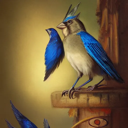 Image similar to a songbird wearing a crown, an indigo bunting, bird, blue canary, wearing a crown and bowtie by greg rutkowski, rossdraws, gil elvgren, enoch bolles, anime, very coherent