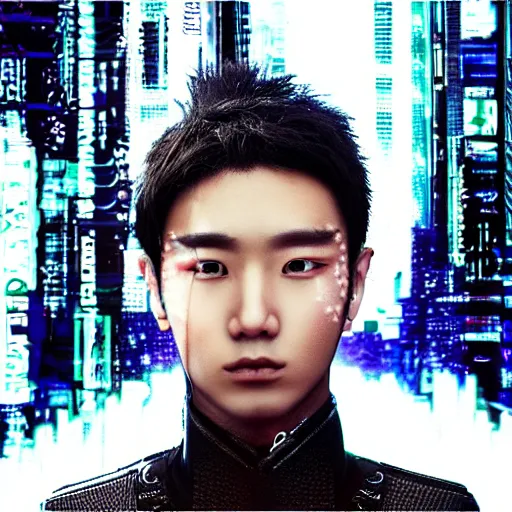 Prompt: “ portrait photo of half - cyborg k - pop male star, cyberpunk ”