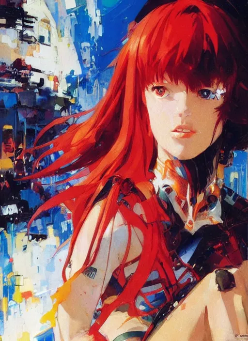 Prompt: Asuka Langley Soryu by John Berkey and Vincent Di Fate, rule of thirds, seductive look, beautiful, in intergalactic hq, ethereal lighting, smooth, masterpiece, Refined