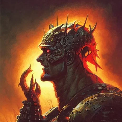 Image similar to head and shoulders portrait of an armored fire giant, d & d, fantasy, greg rutkowski, frank frazetta, alexandre chaudret, boris vallejo, michael whelan, miro petrov, magali villeneuve, donato giancola