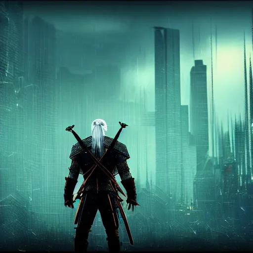 Image similar to the witcher in the style of cyberpunk, screenshot