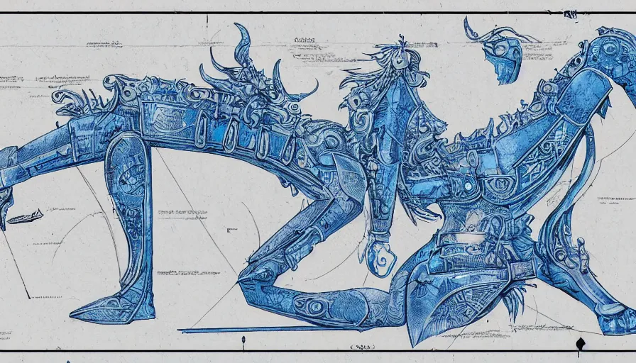 Image similar to blue board blueprint with lots of annotations of legs of an ornate armour, views front side and rear, covered in runic tattoos, Travis Charest style