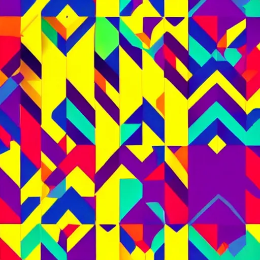 Image similar to a 9 0 s style geometric pattern design, bright colors, very sharp details, painted look, shapes and colors.