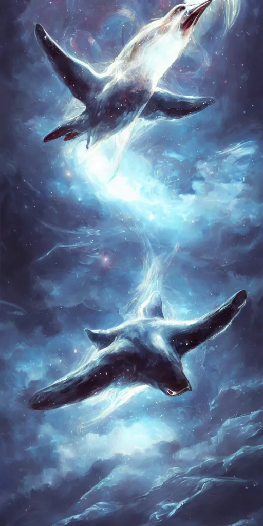 Prompt: a painting of a cosmic penguin flying through the sky, poster art by raymond swanland, deviantart, fantasy art, christian, deviantart, mystical