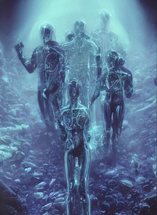 Image similar to astronauts in dark and empty void underwater - complex and hyperdetailed technical suit. reflection and dispersion materials. rays and dispersion of light. volumetric light. 5 0 mm, f / 3 2. noise film photo. flash photography. ultra realistic, wide angle. poster by wayne barlowe, hajime sorayama aaron horkey, craig mullins