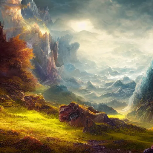 Image similar to fantasy book cover painting, dramatic shot of a lively landscape in the country, ultradetailed, wallpaper, 4k, prismatic