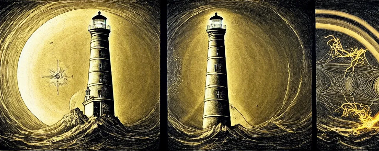 Prompt: an epic lighthouse radiates a unique canto'as above so below'while being ignited by the spirit of haeckel and robert fludd, breakthrough is iminent, glory be to the magic within, in honor of saturn, painted by ronny khalil