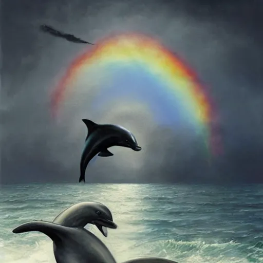 Image similar to a hyper realistic painting of the grim reaper sitting on of a dolphin jumping over a rainbow, by greg rutkowski and santiago caruso,