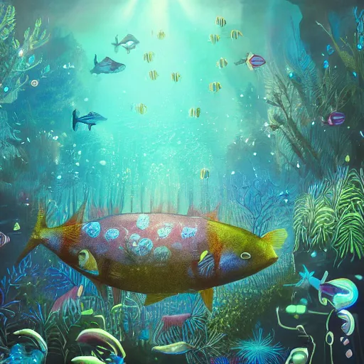 Image similar to school of fish swimming in the magical forest under the water , dreamy, magical effect, glowing effect, devianart, artstation, hyperreal, hyperdetailed, illustration