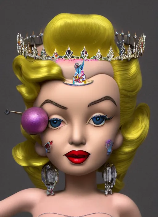 Prompt: closeup face profile portrait of tin toy marilyn monroe as a fairytale princess wearing a crown eating cakes, bikini, depth of field, zeiss lens, detailed, symmetrical, centered, fashion photoshoot, by nicoletta ceccoli, mark ryden, lostfish, breathtaking, 8 k resolution, extremely detailed, beautiful, establishing shot, artistic, hyperrealistic, octane render
