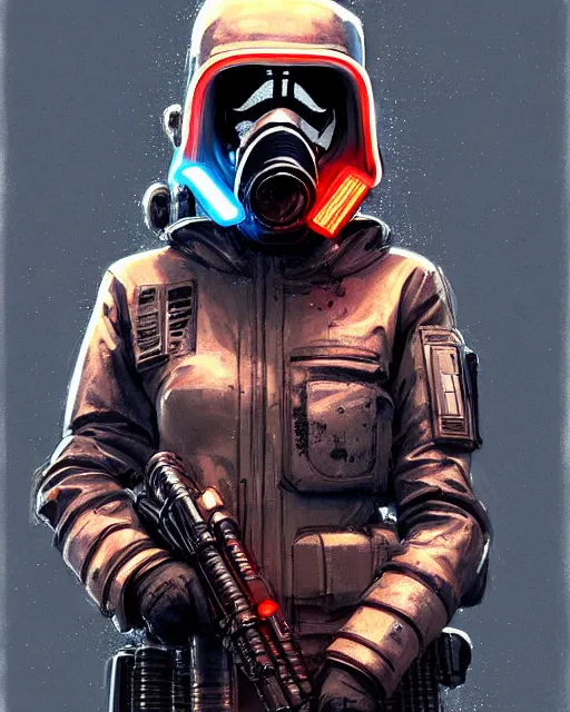 Prompt: detailed portrait neon female swat officer, cyberpunk futuristic, neon, gas mask, red lightsaber, reflective puffy coat, decorated with traditional japanese by ismail inceoglu dragan bibin hans thoma greg rutkowski alexandros pyromallis nekro rene margitte, fire & smoke, illustrated, perfect face, fine details, realistic shaded, fine - face, pretty face