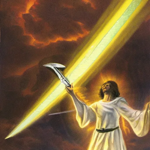 Image similar to an archangel channels a beacon of light through the tip of his sword overhead to the sky, ripples and refractions of light scatter from the tip of his sword pointing towards the sky