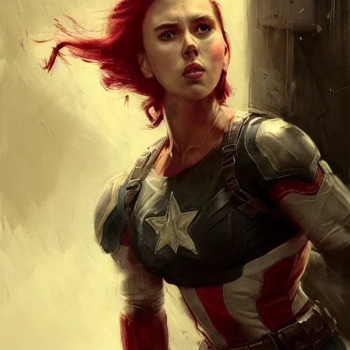 Image similar to captain america as an attractive young smiling woman played by by scarlett johansson wearing heavy armour, face portrait, athletic strong body, hd shot, digital portrait, elegant, beautiful, fantasy art, artstation, comic style, by artgerm, guy denning, jakub rozalski, magali villeneuve and charlie bowater